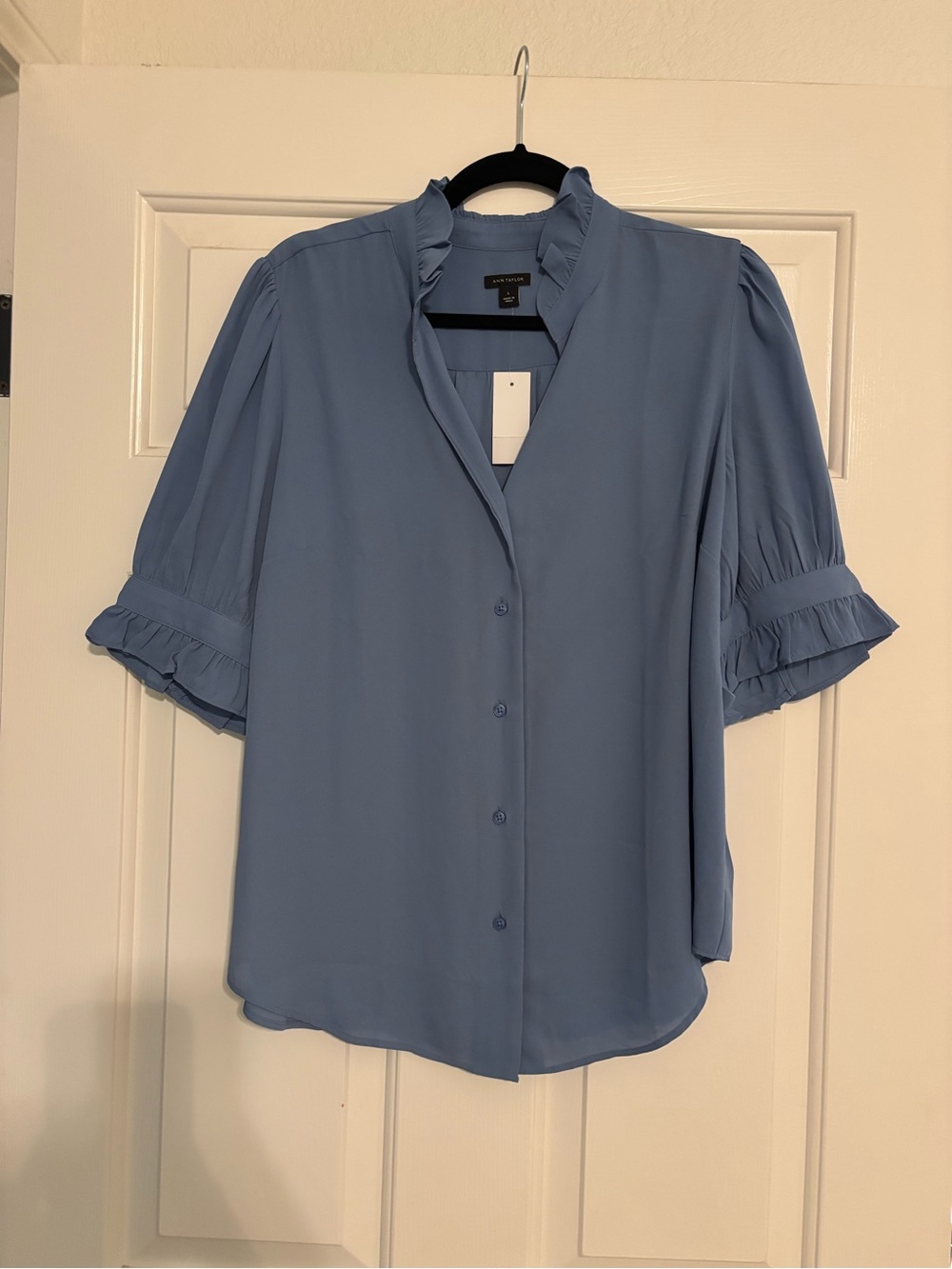 Ann Taylor Dusty Blue Ruffle-Trim Button-Front Blouse